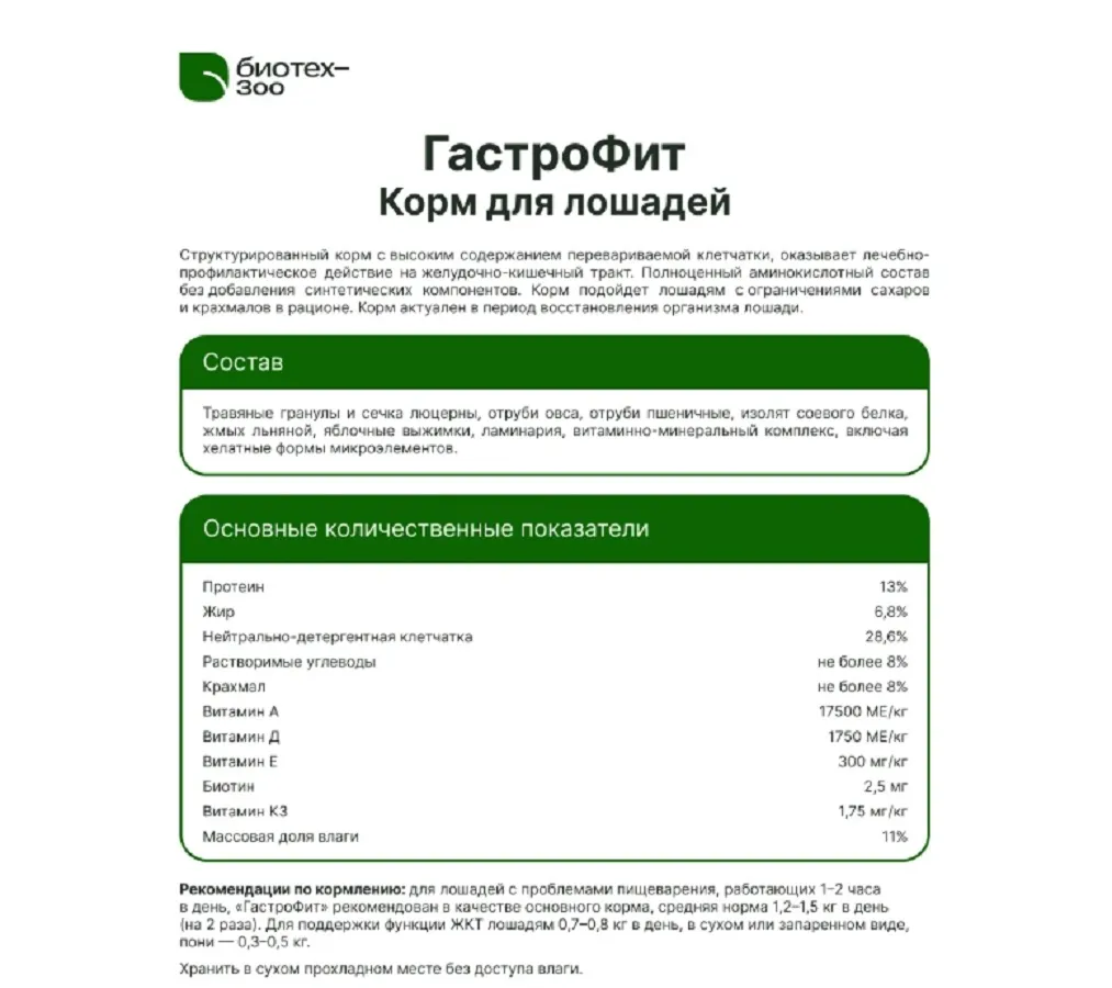 Биотех-Зоо: ГастроФит структурированный корм без зерна для лошадей, клетчатка, 20 кг