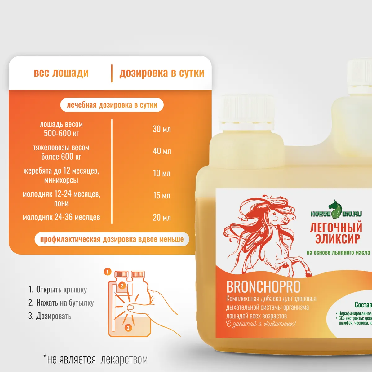 Легочный эликсир BronchoPro для лошадей на основе льняного масла, 500 мл