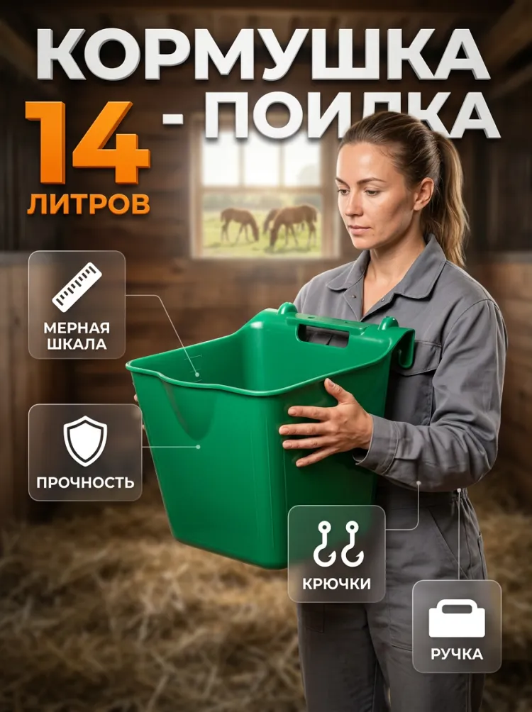 Кормушка / поилка пластик подвесная с ручкой, усиленная 14 л., D дня 20-22 см, D верха 27-28 см, h 27 см, толщина пластика 5 мм, Китай