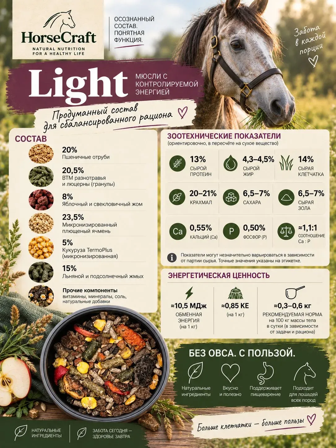 Мюсли для лошадей Light без овса, для поддержания и лёгкой работы