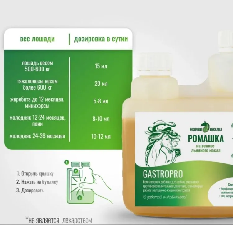 Horse-bio: Эликсир Ромашка GastroPro на основе льняного масла для лошадей (без сахара), 500 мл