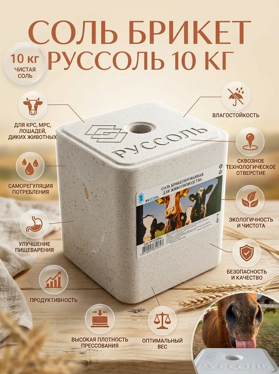 Руссоль: Соль лизунец для животноводства брикетированная, 10 кг