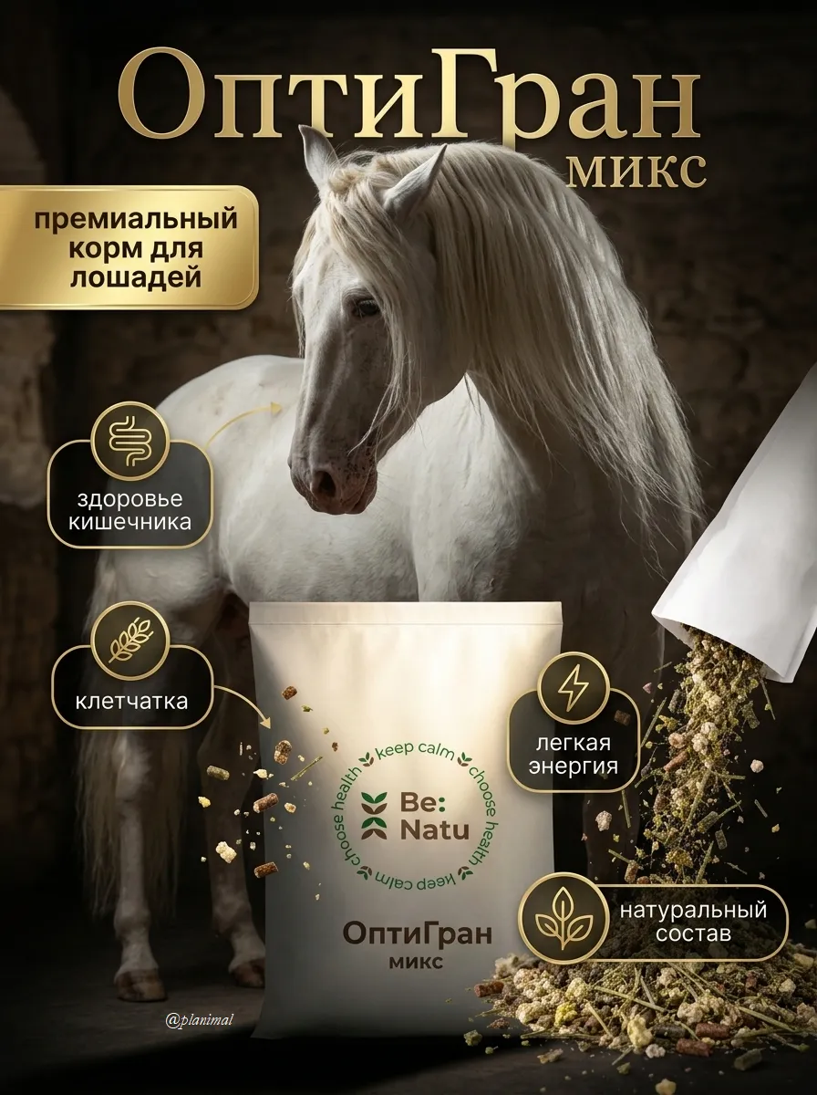 Be:Natu ОптиГран микс, клетчатка и легкая энергия для лошадей, 20 кг
