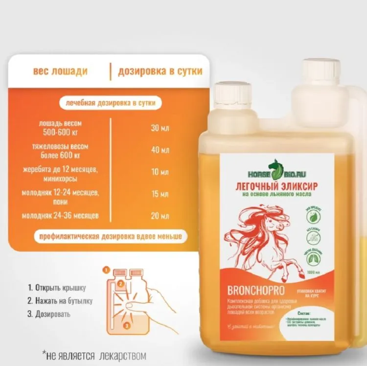 Horse-bio: Легочный эликсир BronchoPro на основе льняного масла для лошадей (без сахара), 1 л