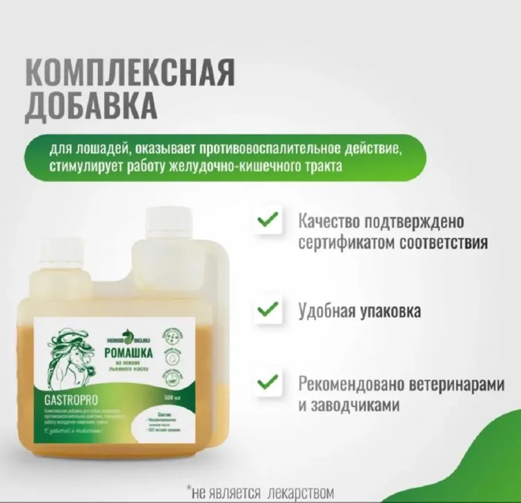 Horse-bio: Эликсир Ромашка GastroPro на основе льняного масла для лошадей (без сахара), 500 мл