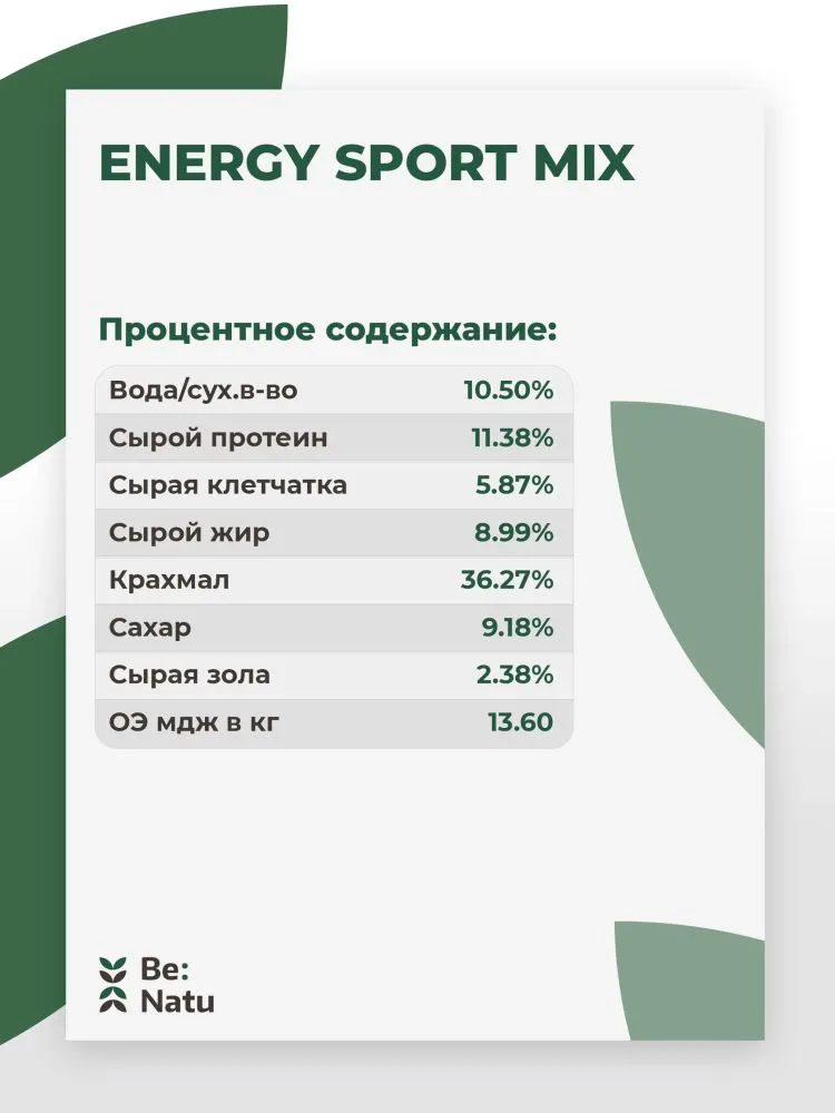 Be:Natu  Energy sport mix корм для лошадей несущих высокие нагрузки, взрывная энергия и выносливость, 20 кг