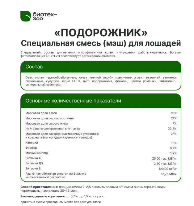 Биотех-Зоо: Подорожник смесь для лошадей профилактики колик и запаривания , 20 кг 