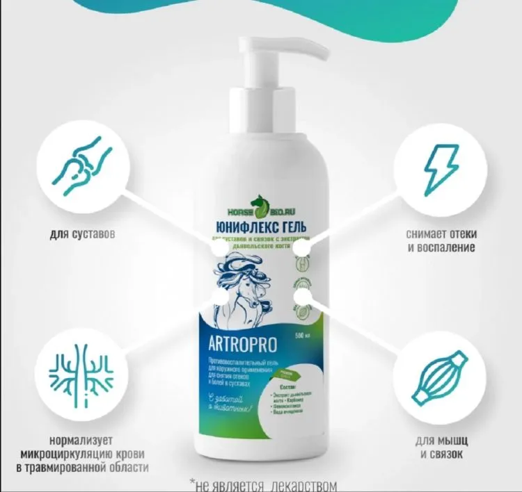 Horse-bio: Юнифлекс гель для суставов с дьявольским когтем ArtroPro для лошадей, флакон-дозатор 500 мл