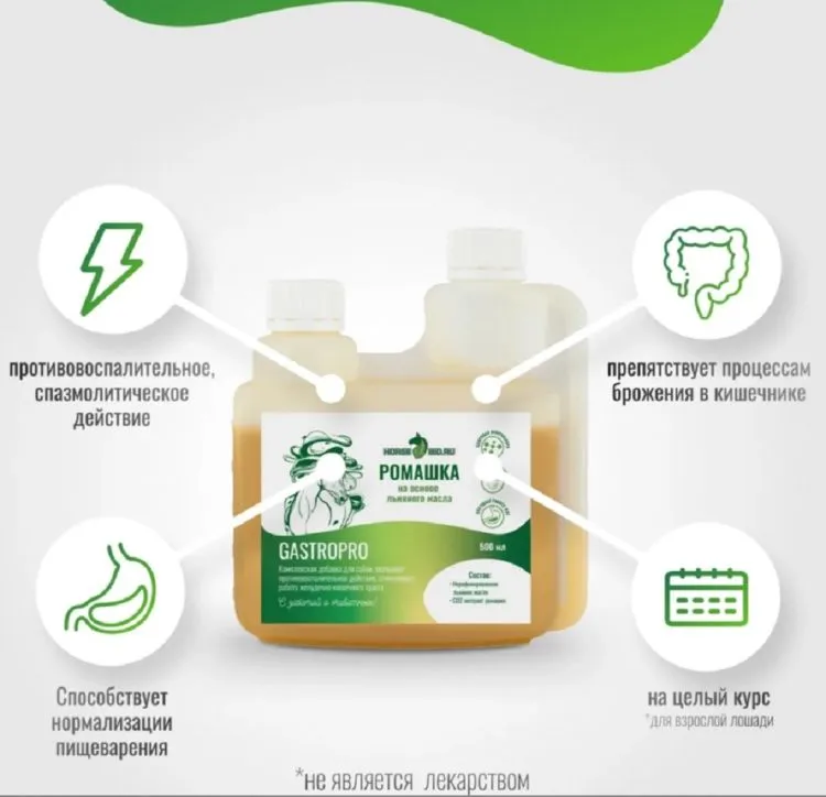 Horse-bio: Эликсир Ромашка GastroPro на основе льняного масла для лошадей (без сахара), 500 мл