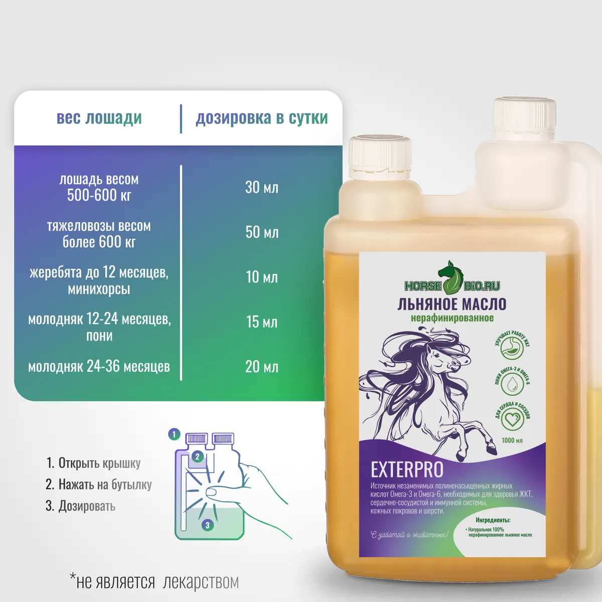 Льняное масло Horse-Bio ExterPro для лошадей, 1000 мл