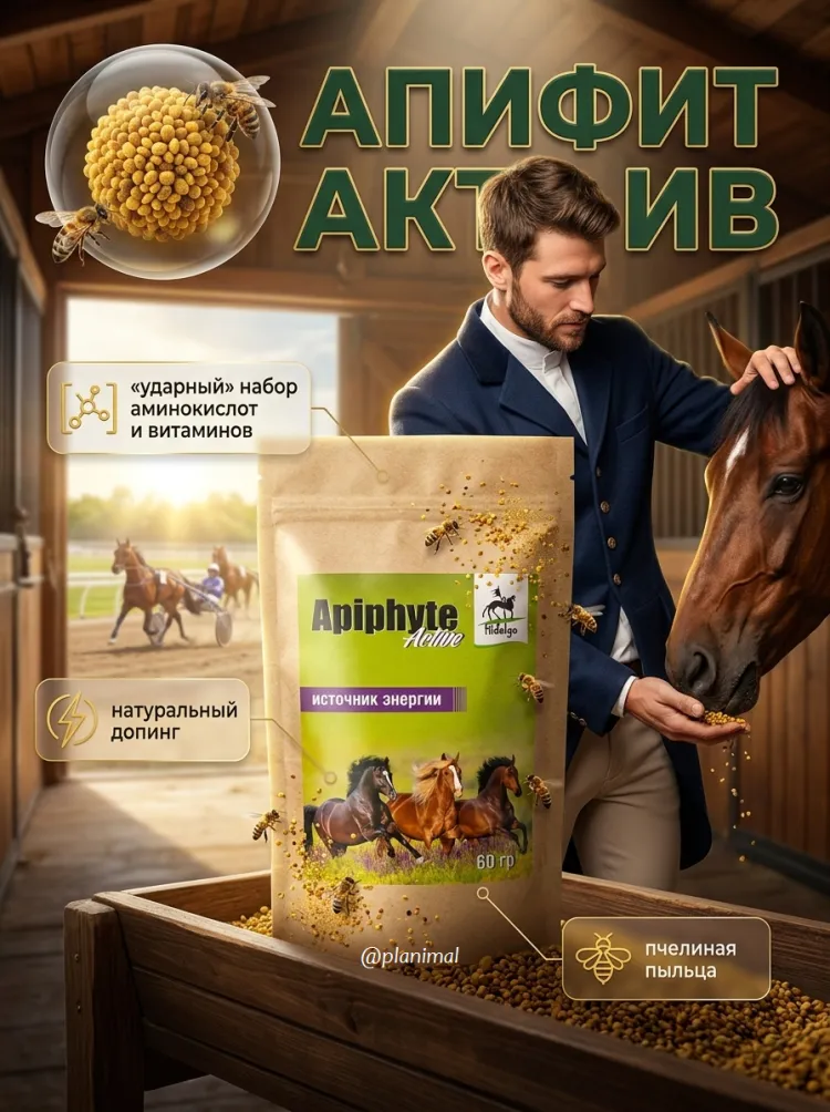 Идальго: Apiphyte Active / Апифит Актив, энергетический бустер с пчелиной пыльцой («ударный» набор аминокислот и витаминов) для лошадей, 60 гр.