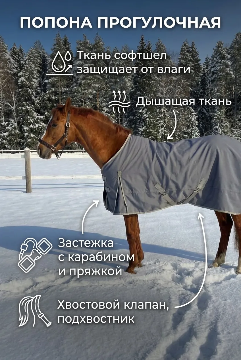 Попона прогулочная для лошади ОколоКони из софтшела, цвет серый, р-р 135