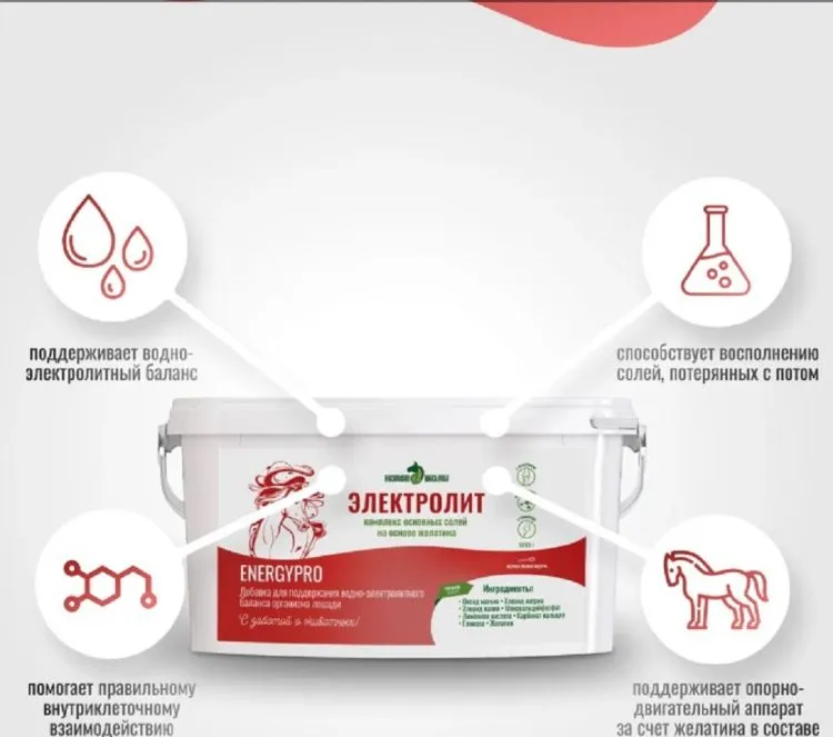 Horse-bio: Электролит EnergyPro для поддержания водно-электролитного баланса организма лошади, 1 кг