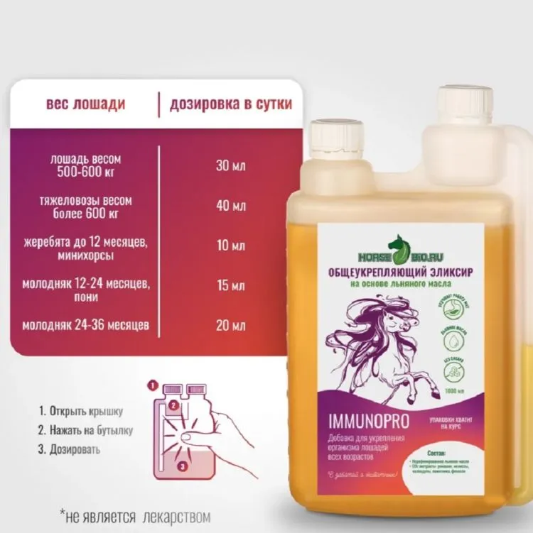 Horse-bio: Общеукрепляющий эликсир ImmunoPro на основе льняного масла для лошадей (без сахара), 1 л